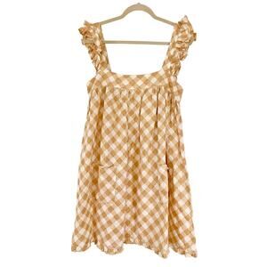 Gingham Ruffle Strap Mini Dress - Tan and White